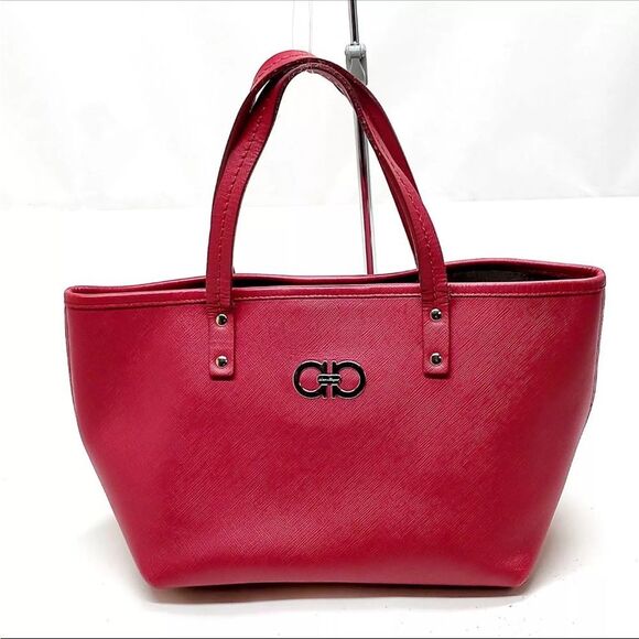Auth Salvatore Ferragamo Small Rosa Leather Bice Tote Bag Shopper Winged Tote